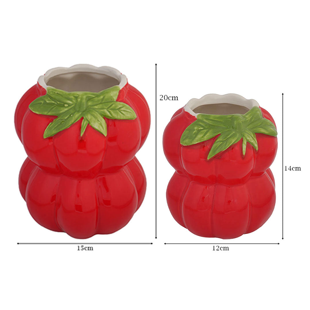 Glossy Red Tomato-Shaped Ceramic Vase Set