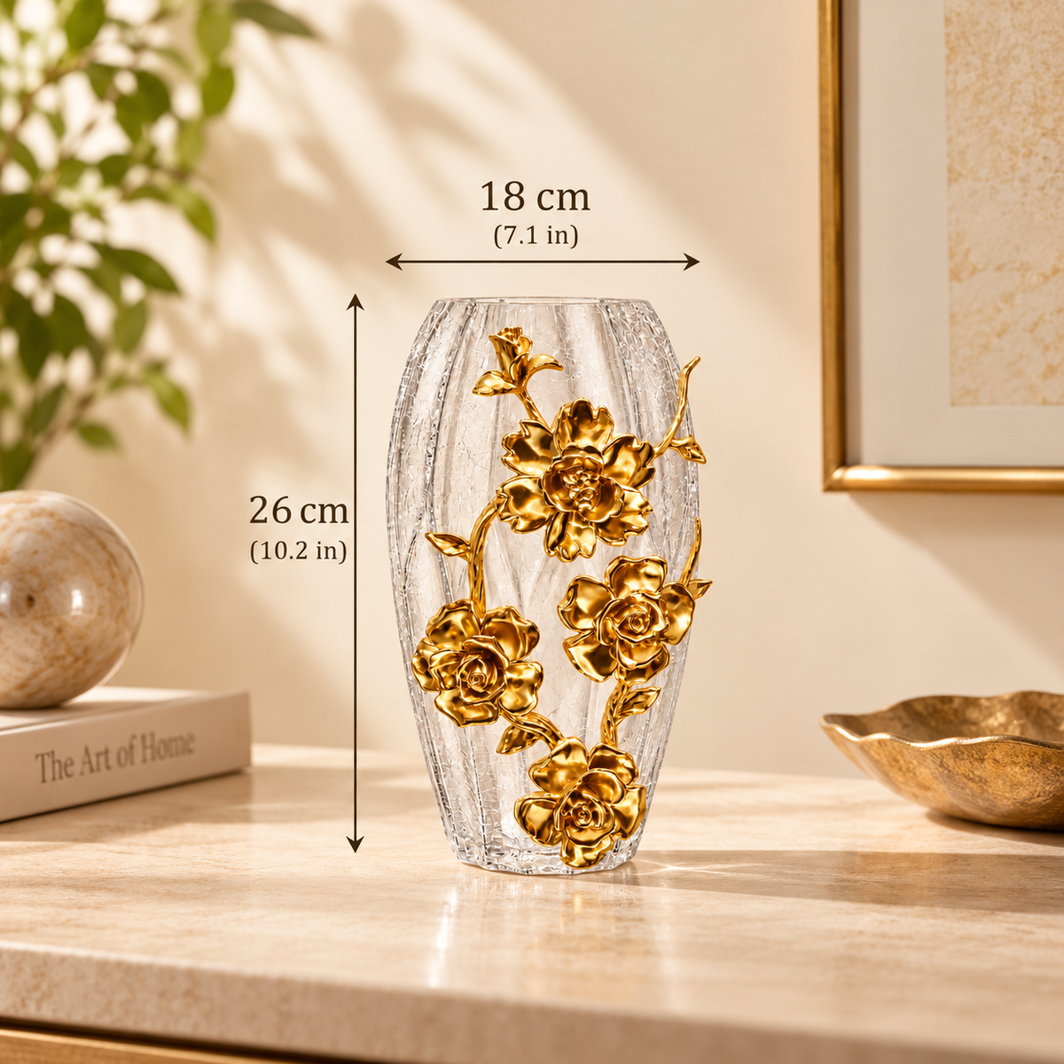 Gold Rose Floral Textured Glass Vase