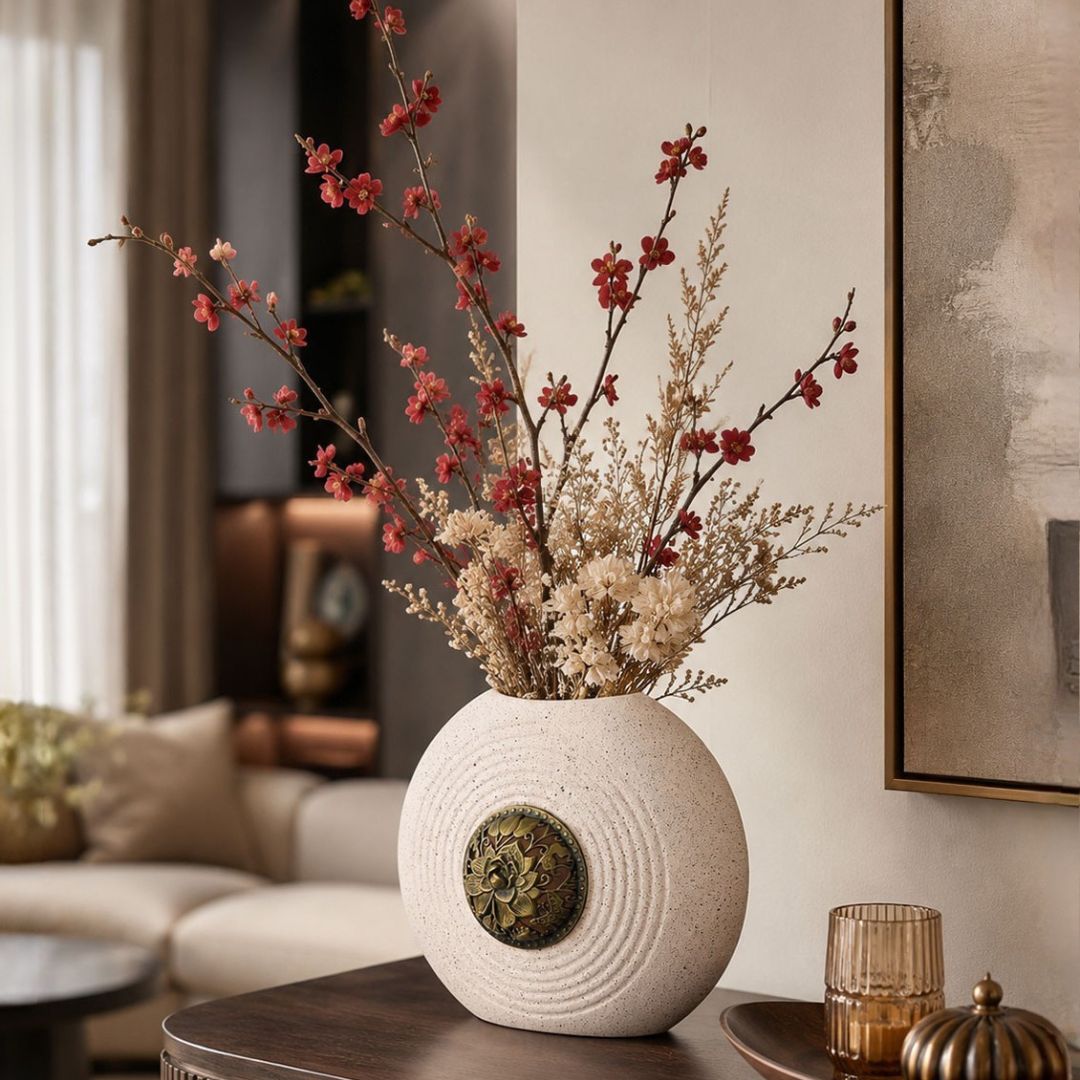 Sculpted Ripple Ceramic Vase with Antique Lotus Medallion