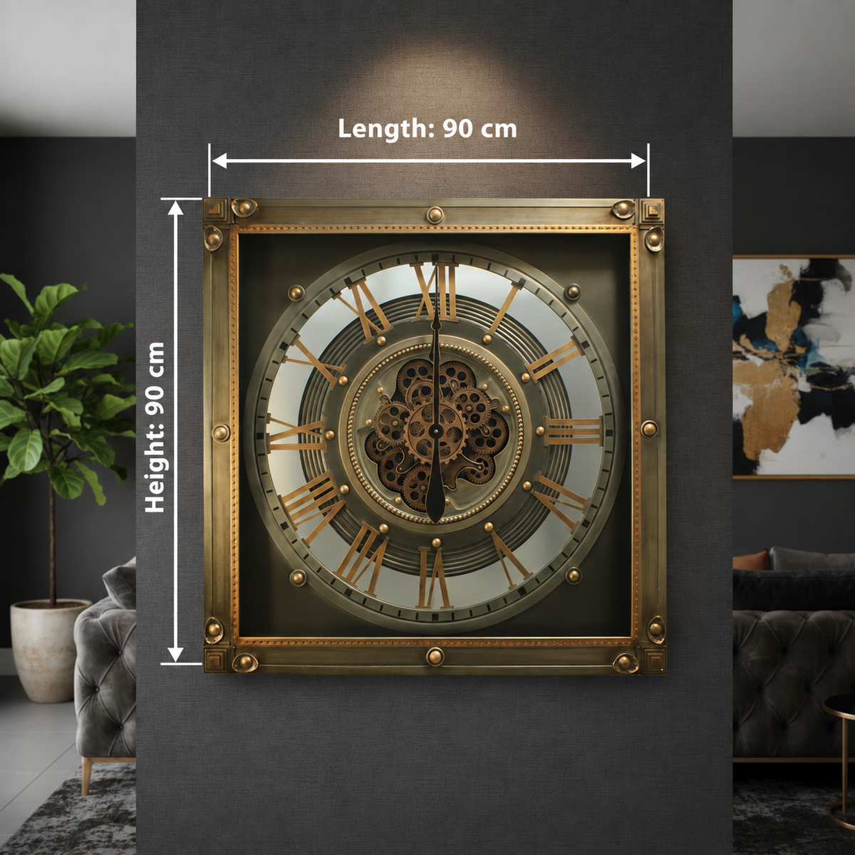 Square silver gold metal moving gears wall clock home décor 90cm