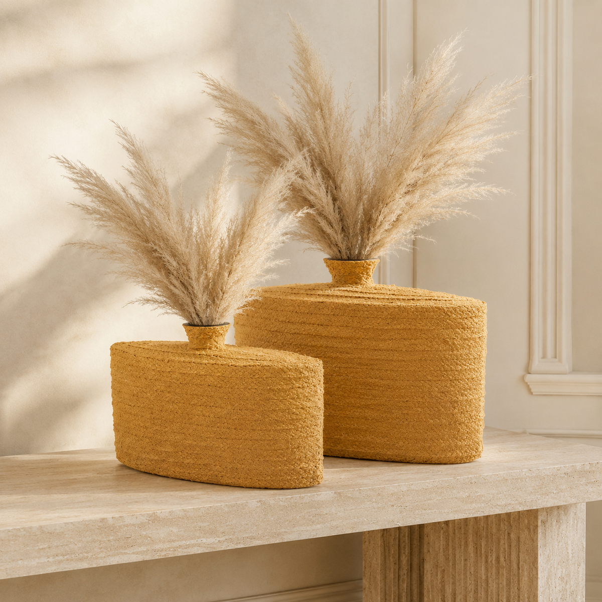 Textured Flask Vase Set – Woven Rope-Look Slim Rectangular Accent Vases