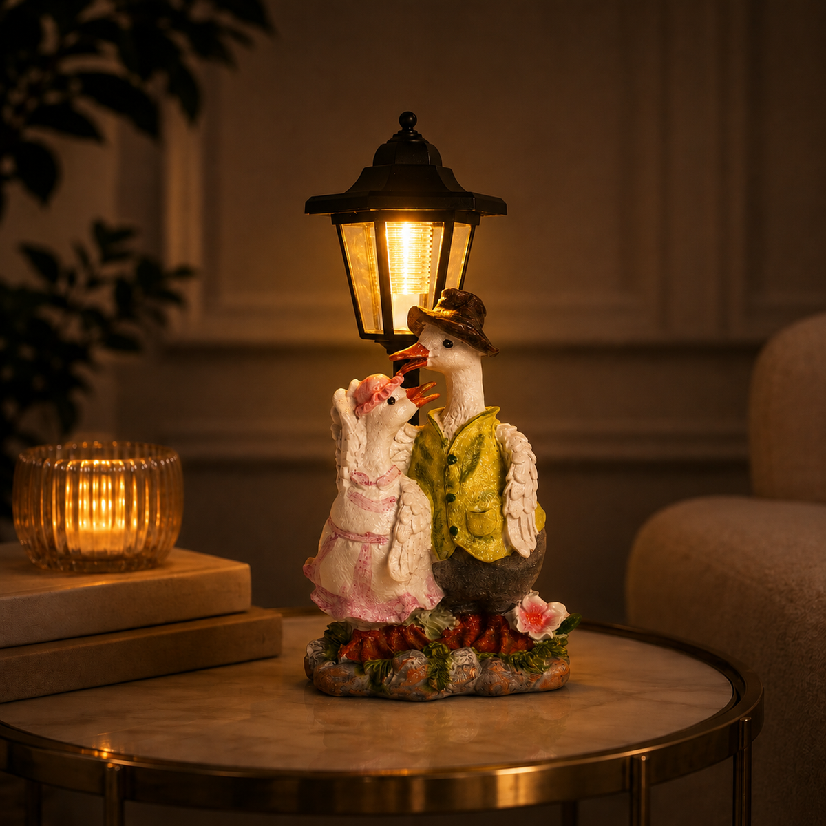 Romantic Goose Couple Decorative LED Lamp Showpiece