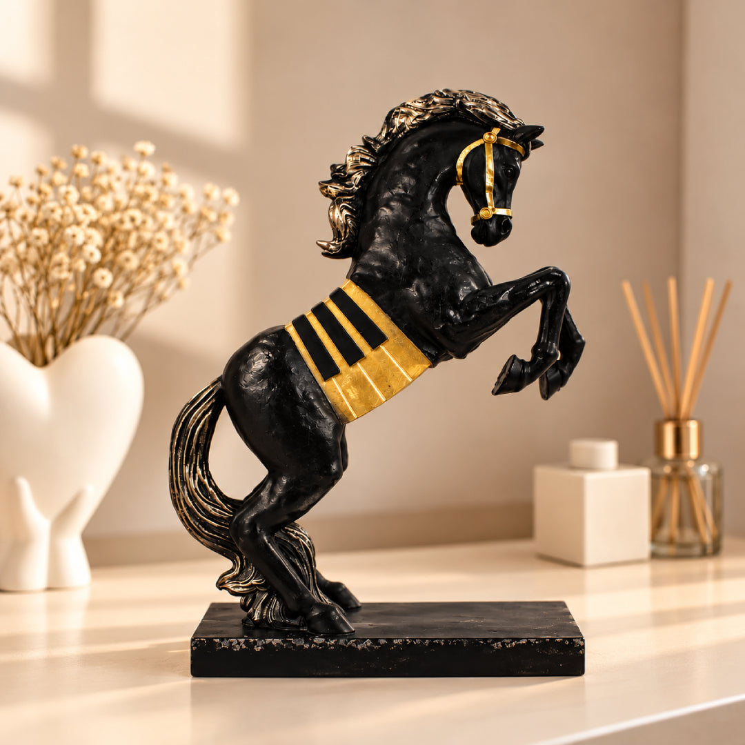 Royal Rearing Horse Showpiece – Black & Gold Decorative Horse Statue