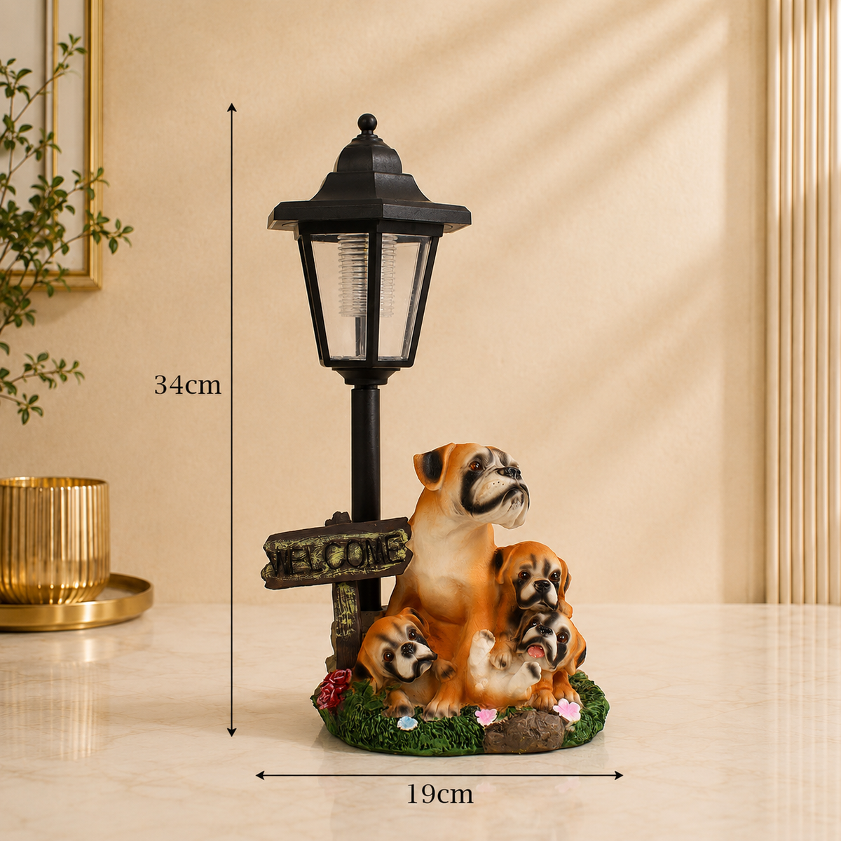 Adorable Bulldog Family Welcome Sculpture with Garden Lantern