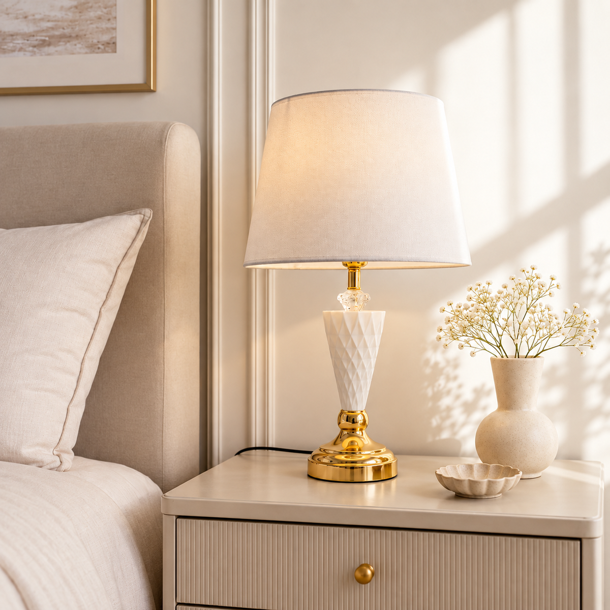 White Crystal And Gold Table Lamp With Fabric Shade