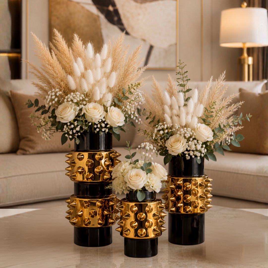 Black And Gold Ceramic Decorative Vase Set Of 3 With Studded Design