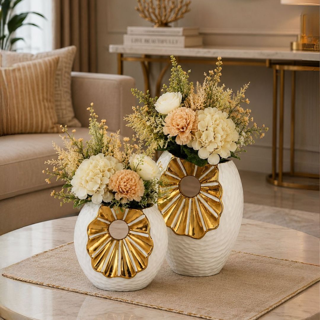 Textured White & Gold Ceramic Flower Vase Set of 2