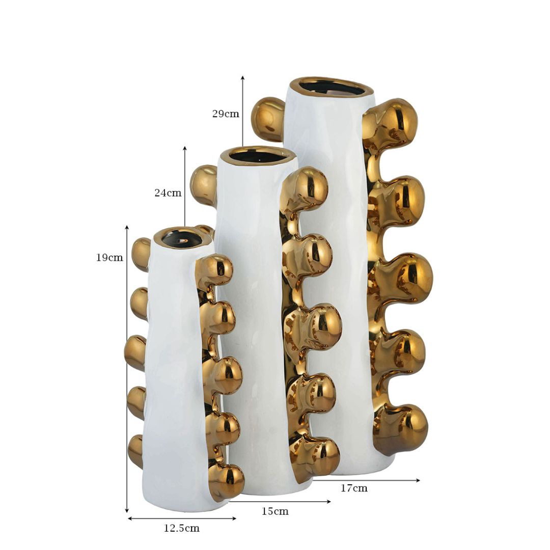 White Ceramic Vase with Electroplated Gold Spherical Accents