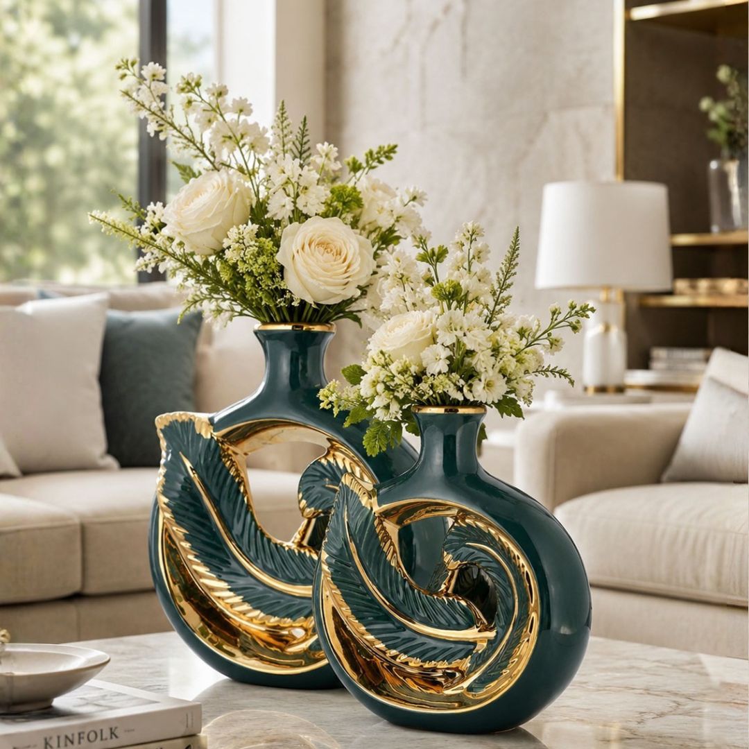 Aqua Green & Gold Sculptural Ceramic Flower Vase Set of 2