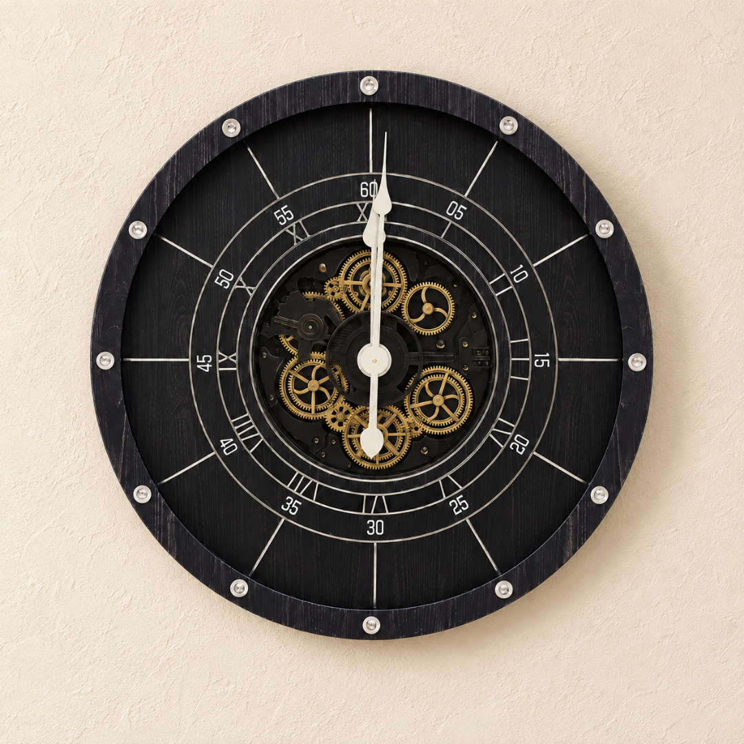Vintage Moving Gear Wall Clock in Wooden Frame