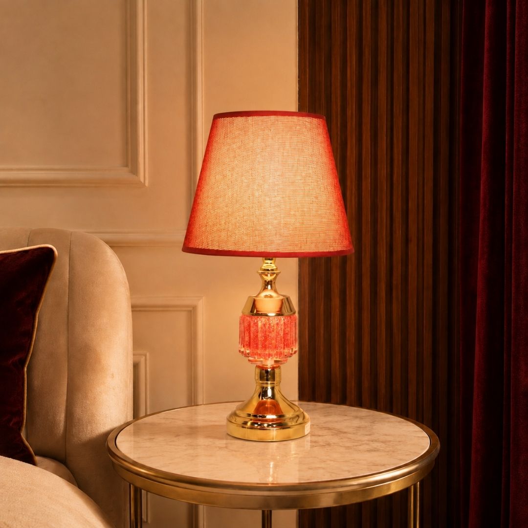 Ruby Glow Table Lamp – Red Textured Shade with Crystal-Style Accent Base