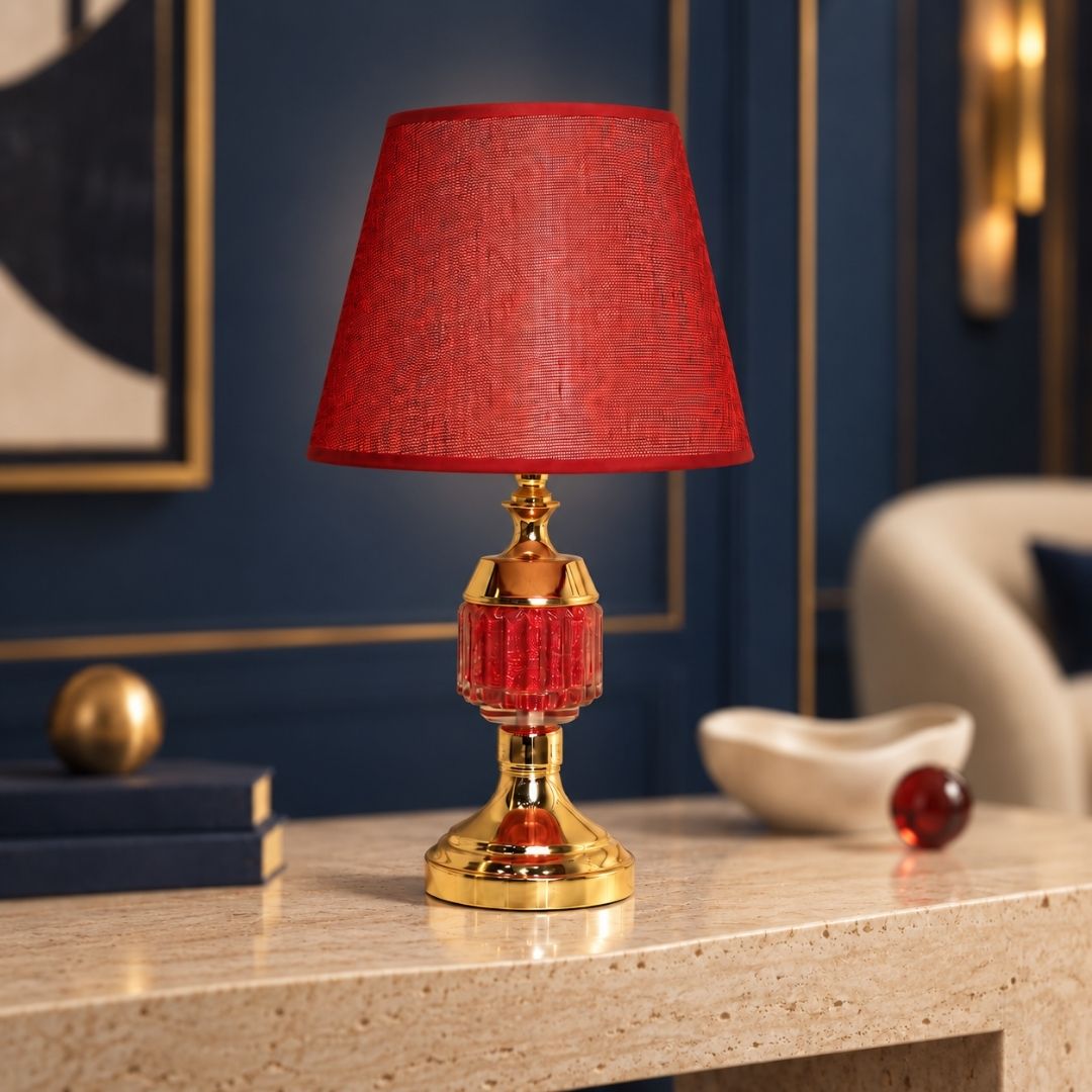 Ruby Glow Table Lamp – Red Textured Shade with Crystal-Style Accent Base