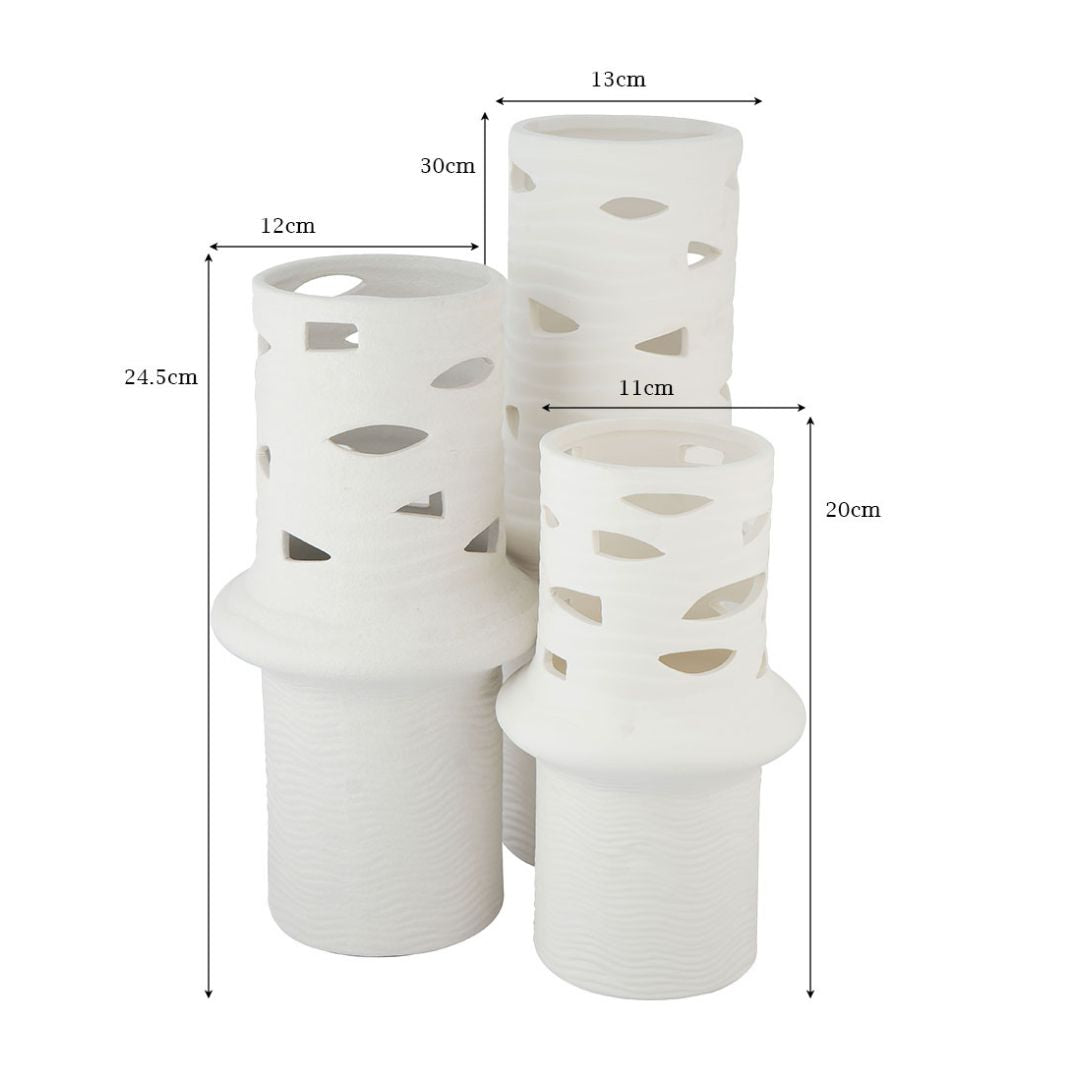 Sculptural Cutwork White Ceramic Flower Vases Set