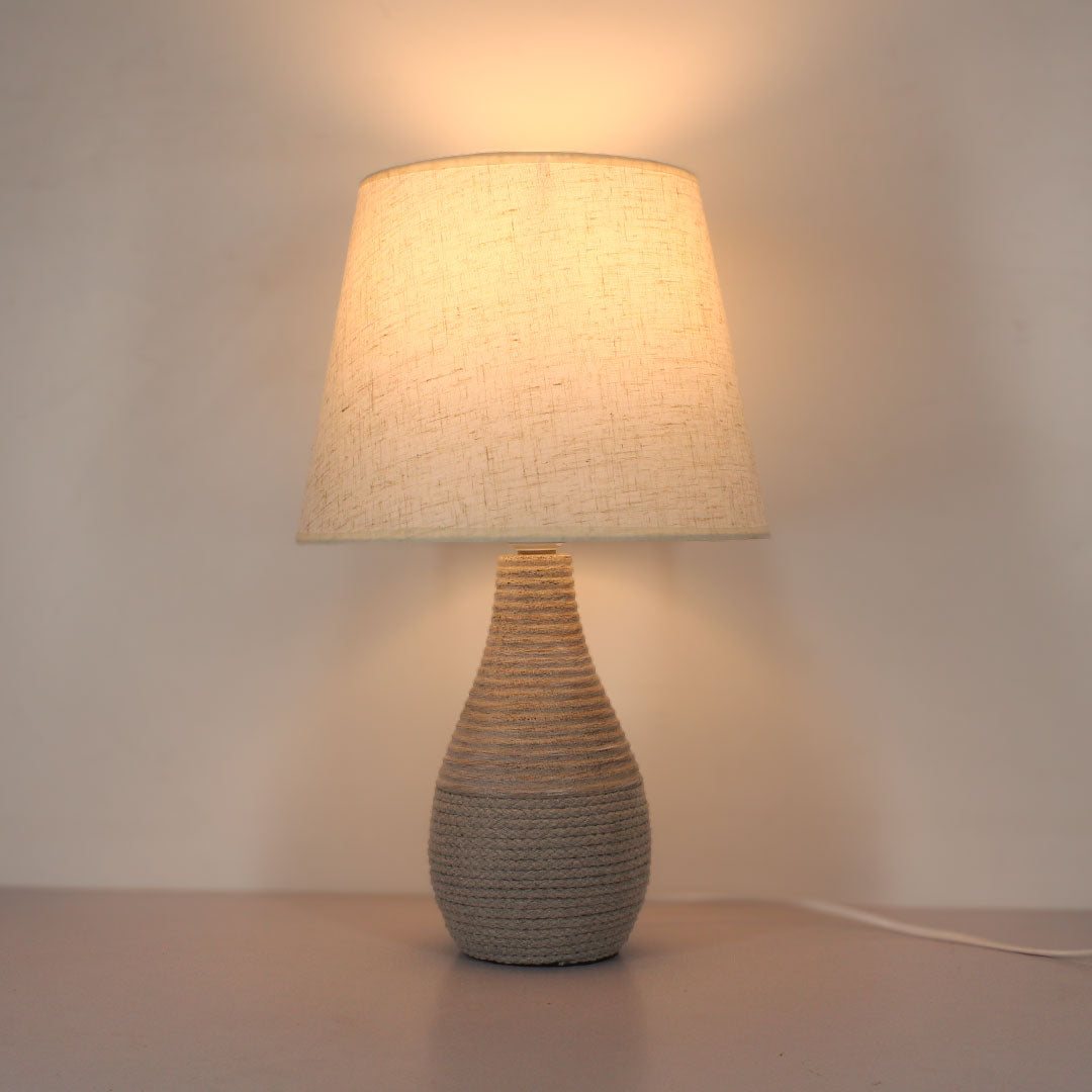 Grey Ceramic Table Lamp with Cream Color Shade and Rope-Textured Base