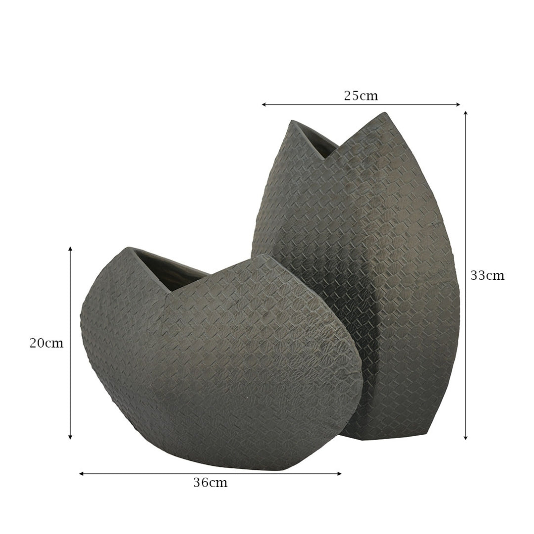 Sculptural Charcoal Polyresin Vases with Woven Texture