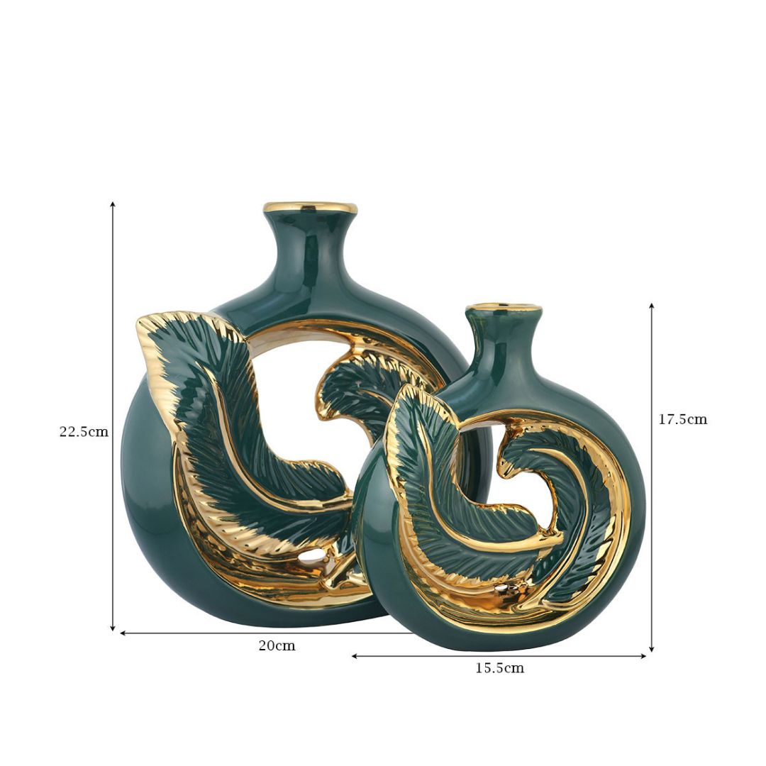 Aqua Green & Gold Sculptural Ceramic Flower Vase Set of 2