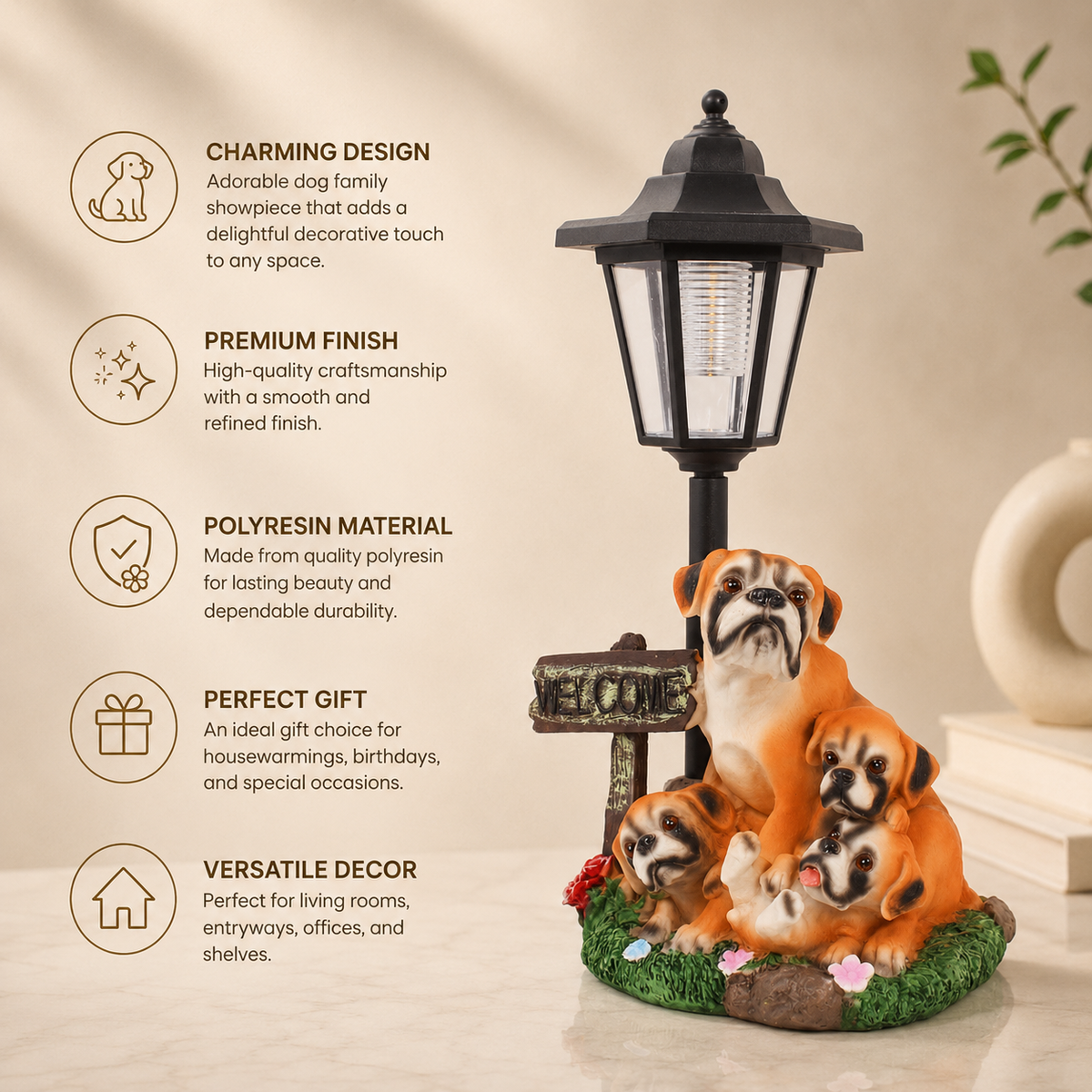 Adorable Bulldog Family Welcome Sculpture with Garden Lantern