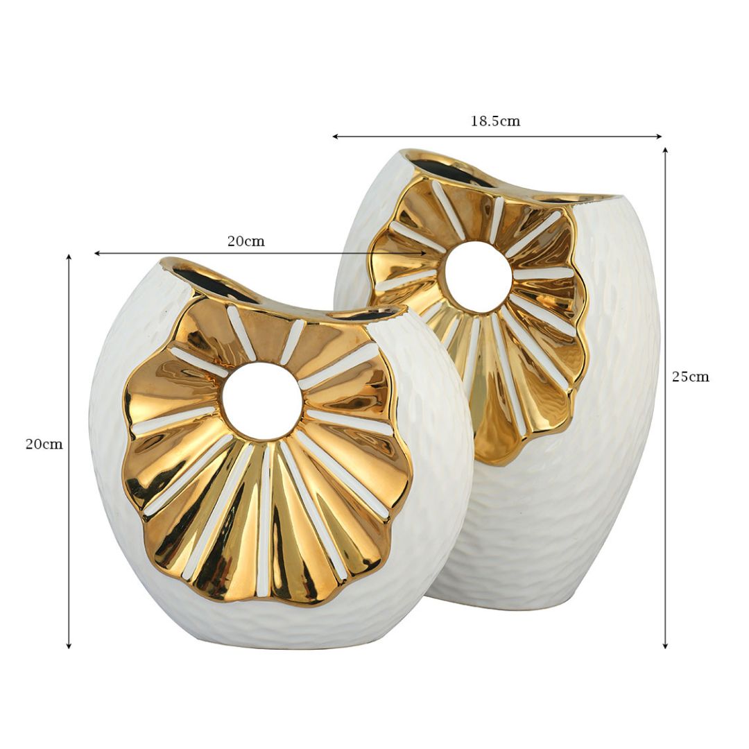 Textured White & Gold Ceramic Flower Vase Set of 2