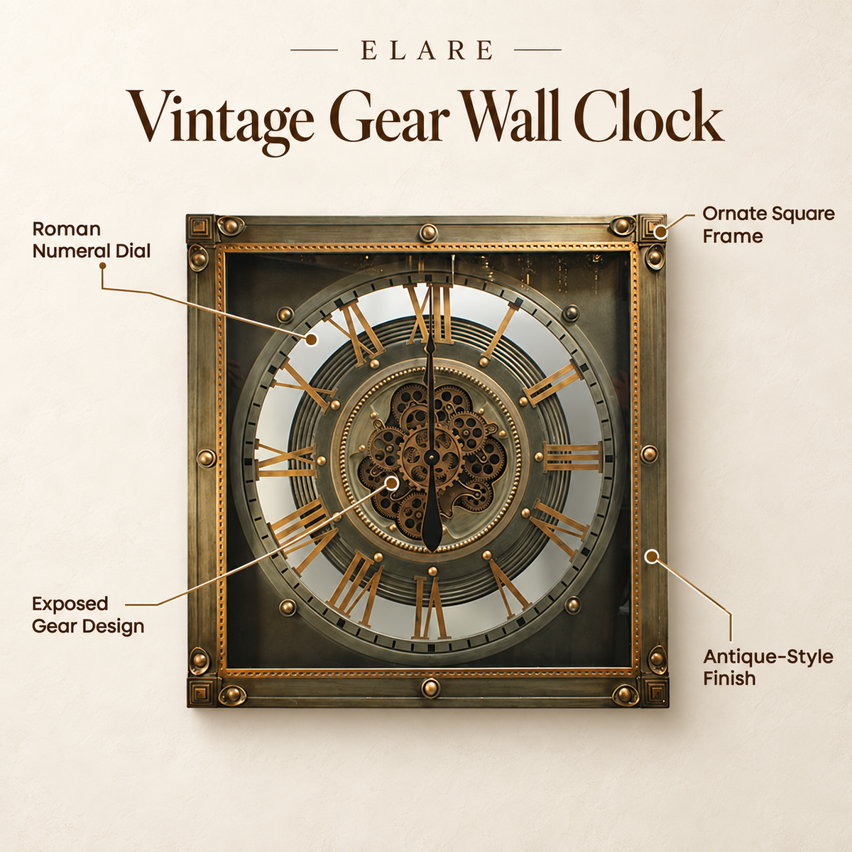 Square silver gold metal moving gears wall clock home décor 90cm