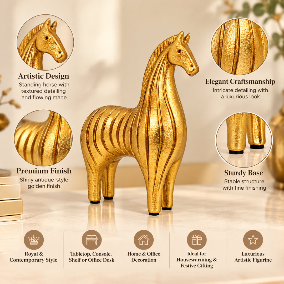 Golden Horse Showpiece – Luxury Textured Horse Figurine with Artistic Carved Design