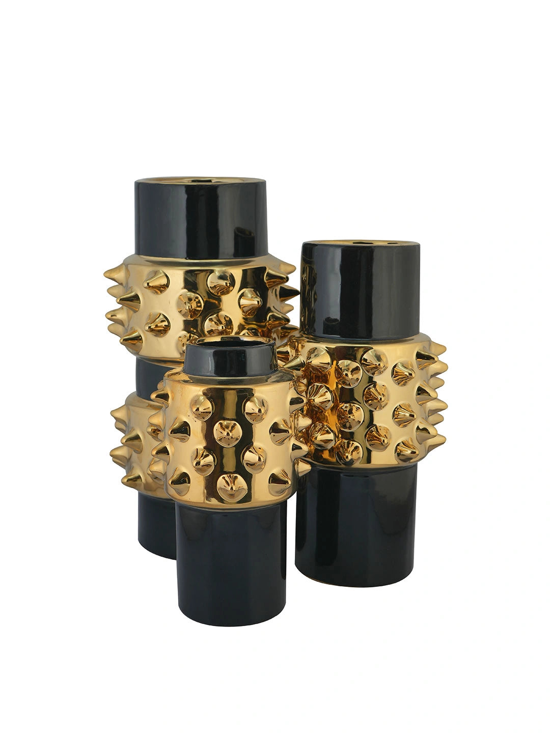 Black And Gold Ceramic Decorative Vase Set Of 3 With Studded Design