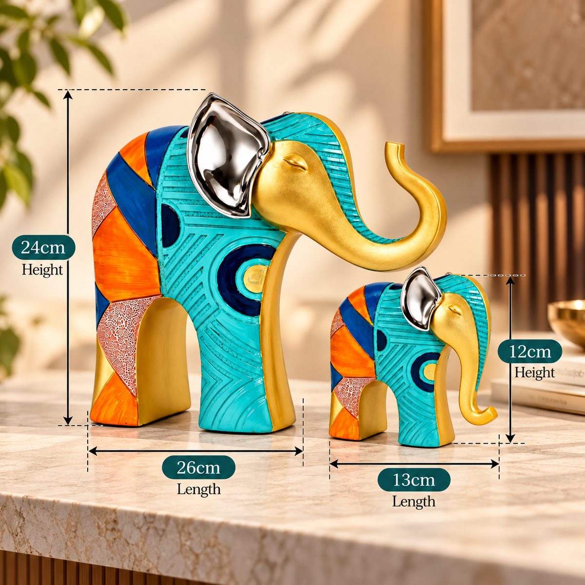 Royal Mother & Baby Elephant Showpiece Set of 2 – Multicolour Polyresin Elephant Figurines