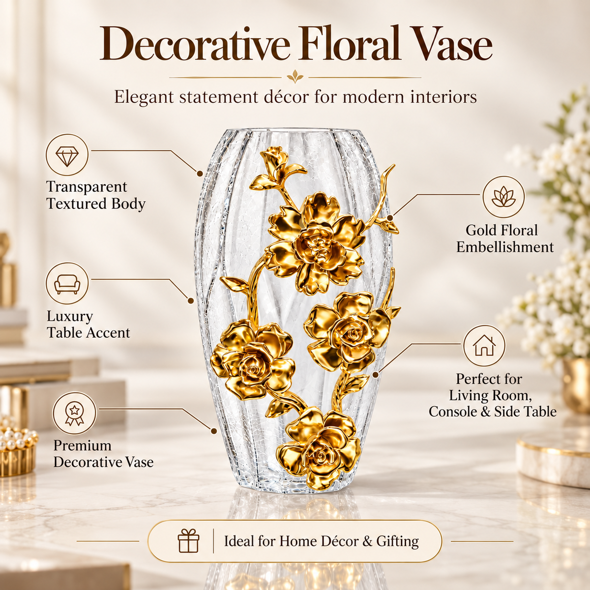 Gold Rose Floral Textured Glass Vase