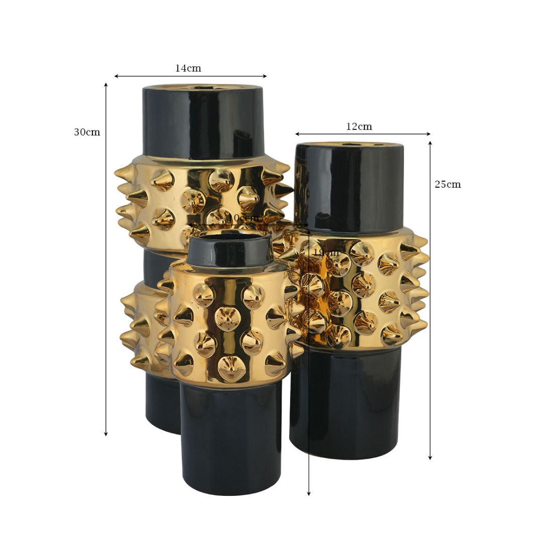 Black And Gold Ceramic Decorative Vase Set Of 3 With Studded Design