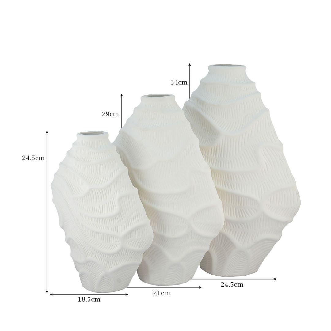 Sculpted Organic Matte White Ceramic Flower Vase Set of 3