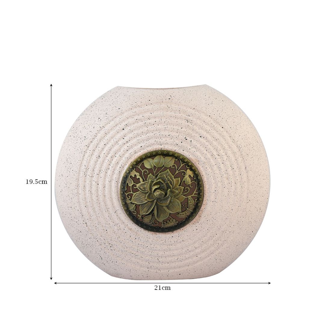 Sculpted Ripple Ceramic Vase with Antique Lotus Medallion
