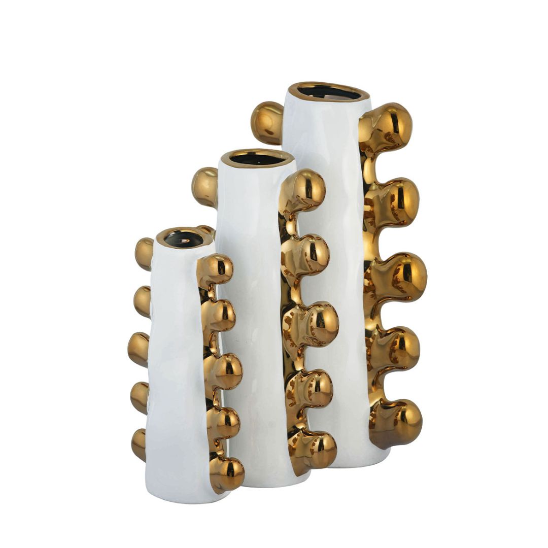 White Ceramic Vase with Electroplated Gold Spherical Accents