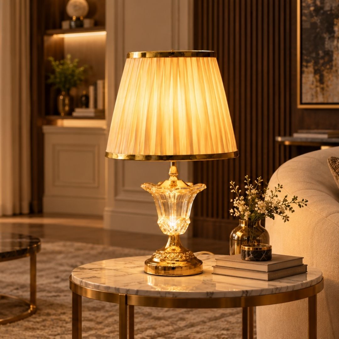 Elare Luxury Crystal Table Lamp with Beige Fabric Shade