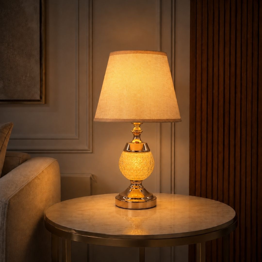 Gold Crystal Glass Table Lamp with Beige Fabric Shade, 44 cm Height