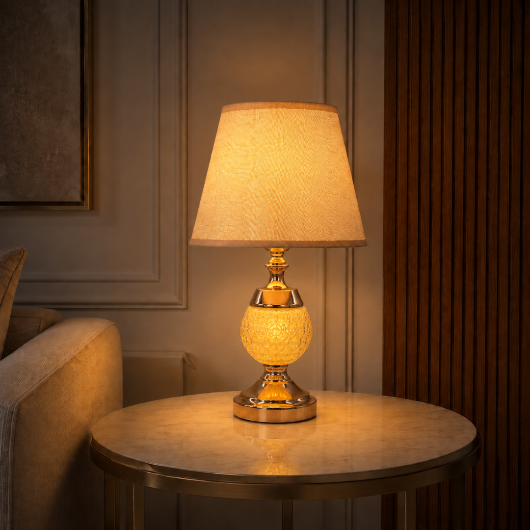 Gold Crystal Glass Table Lamp with Beige Fabric Shade, 44 cm Height