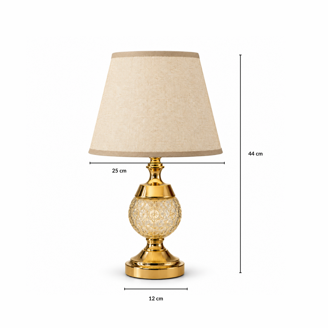 Gold Crystal Glass Table Lamp with Beige Fabric Shade, 44 cm Height
