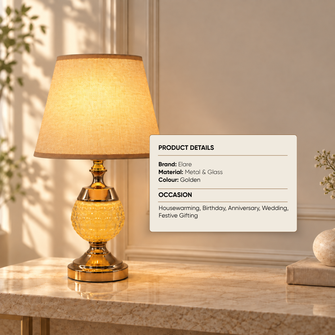 Gold Crystal Glass Table Lamp with Beige Fabric Shade, 44 cm Height