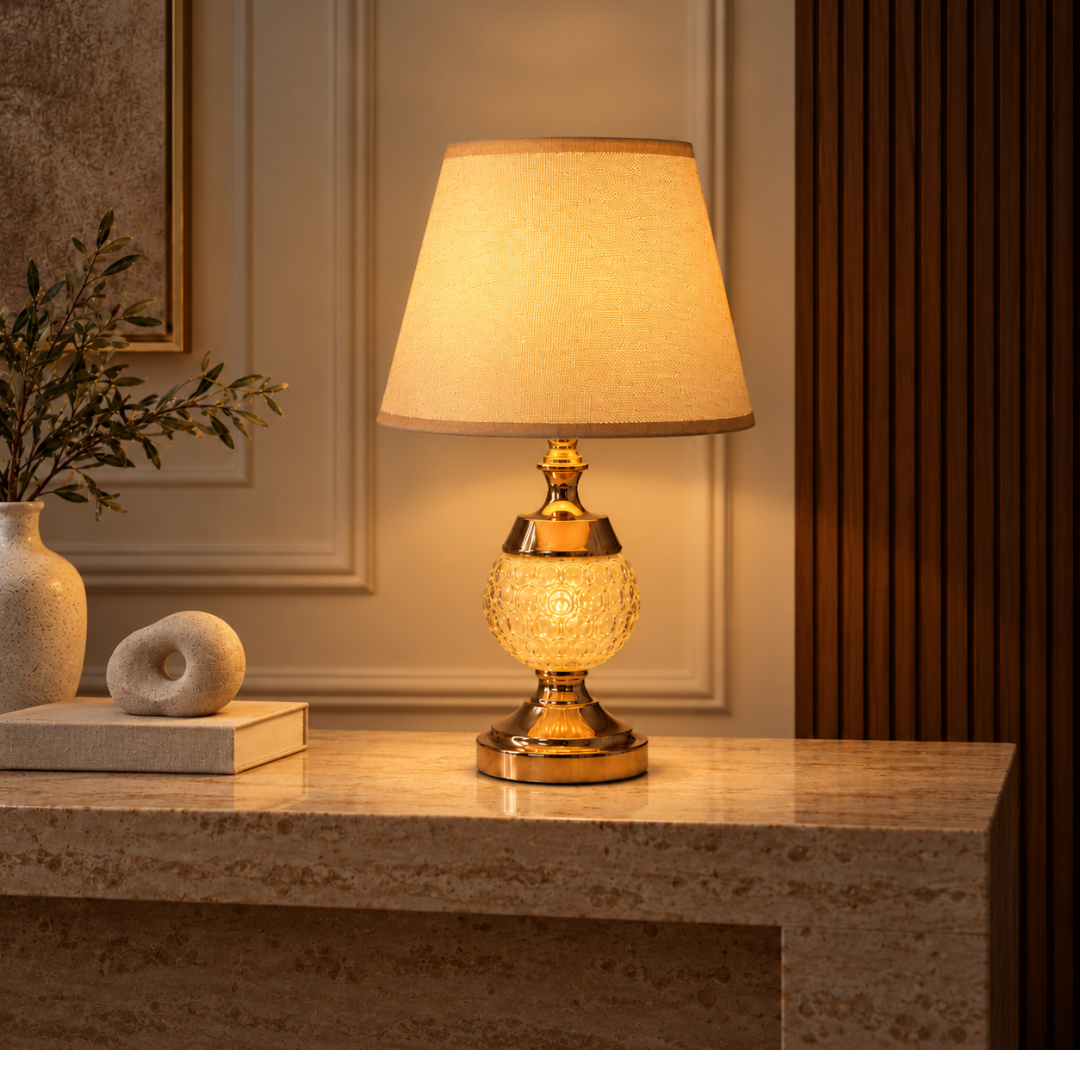 Gold Crystal Glass Table Lamp with Beige Fabric Shade, 44 cm Height