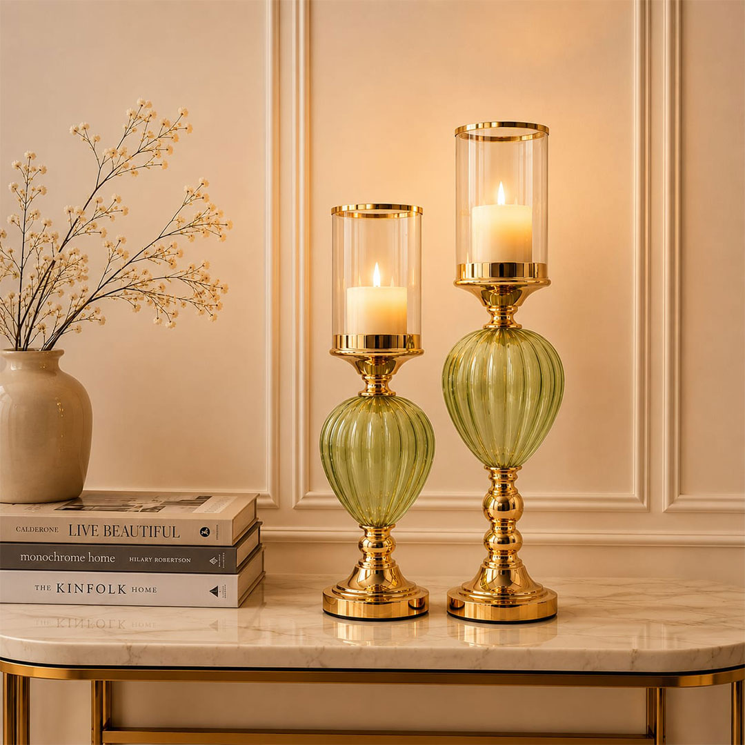 Sage Green Ribbed Glass & Gold Hurricane Candle Holders