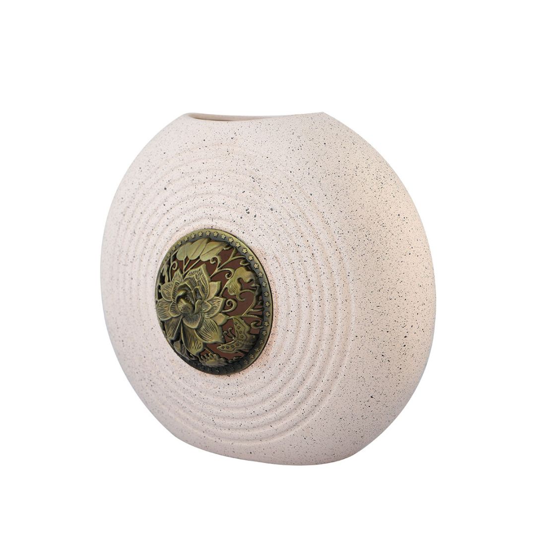 Sculpted Ripple Ceramic Vase with Antique Lotus Medallion