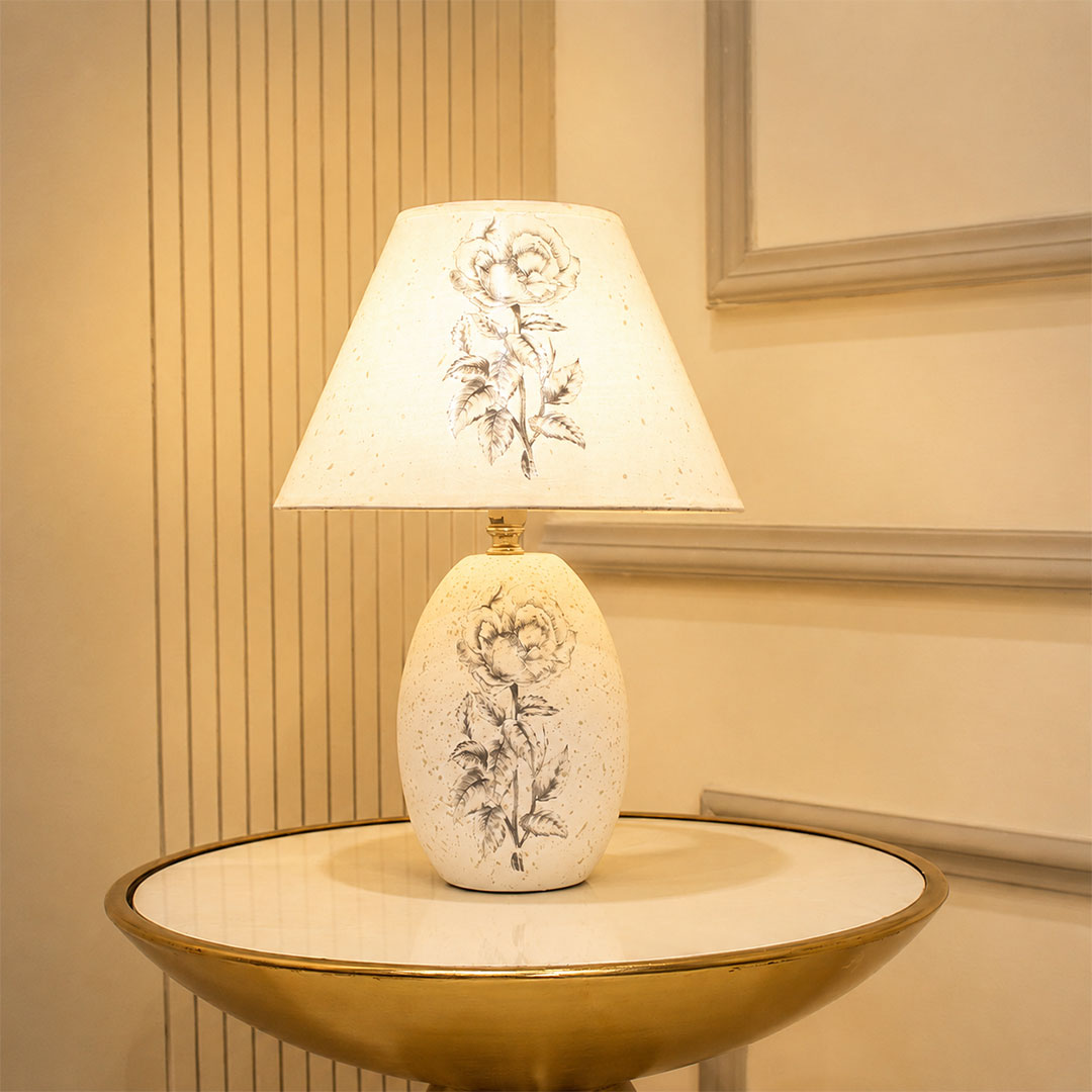 Elare Blossom Table Lamp in White Color Taper Print Shade