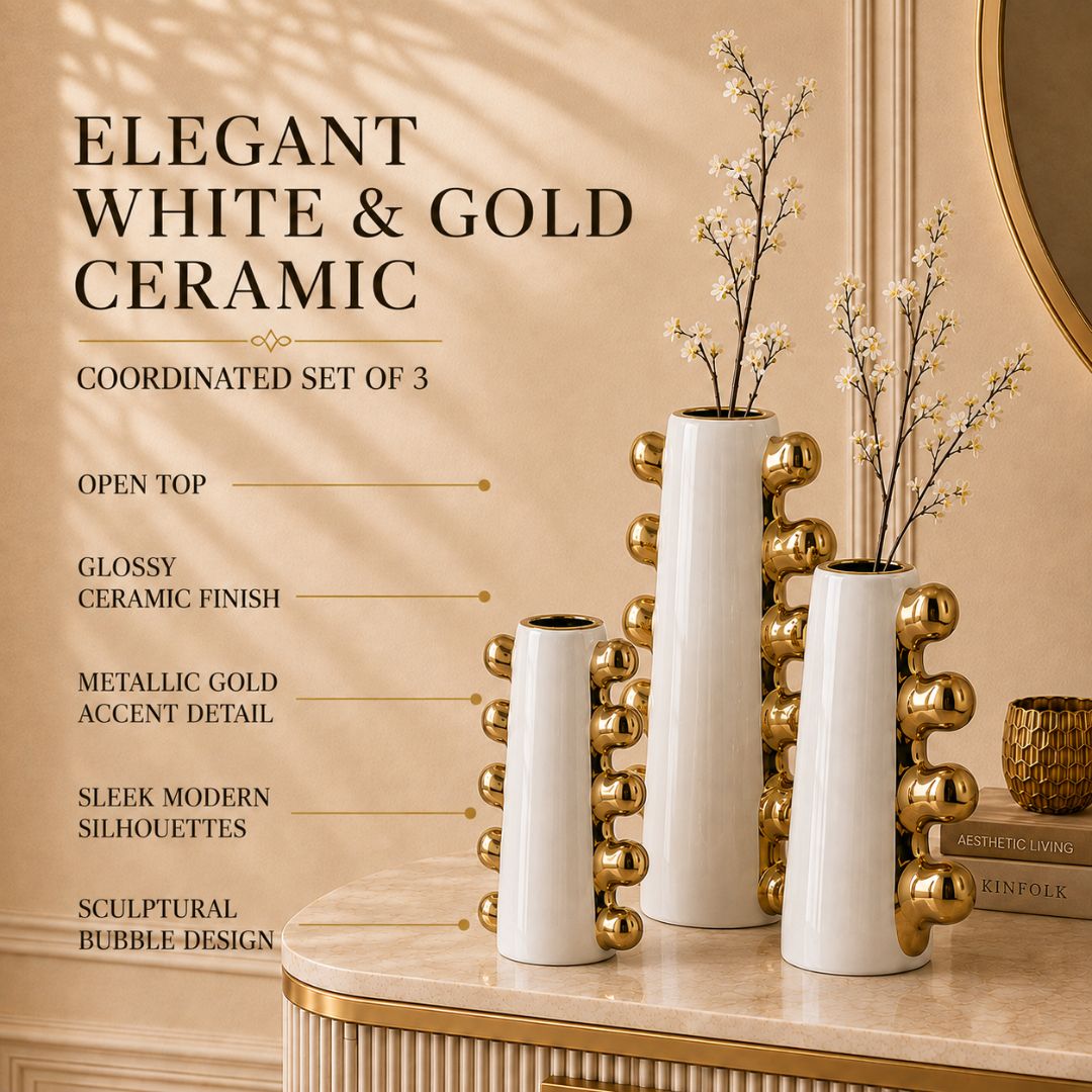 White Ceramic Vase with Electroplated Gold Spherical Accents