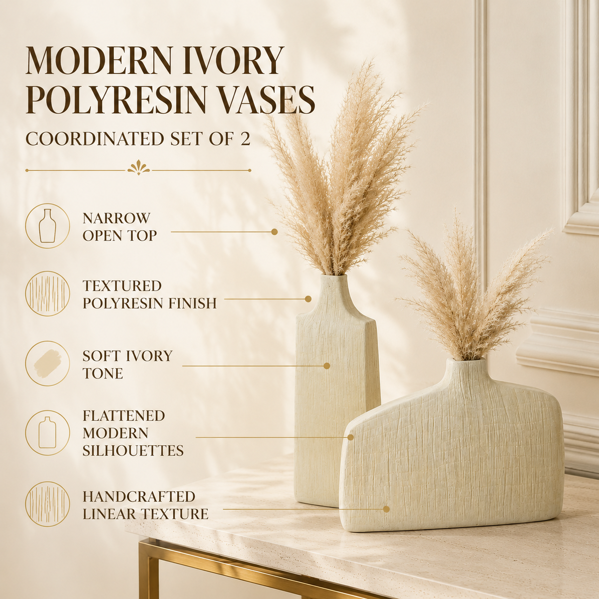 Modern Textured Ivory Polyresin Vase Set of 2
