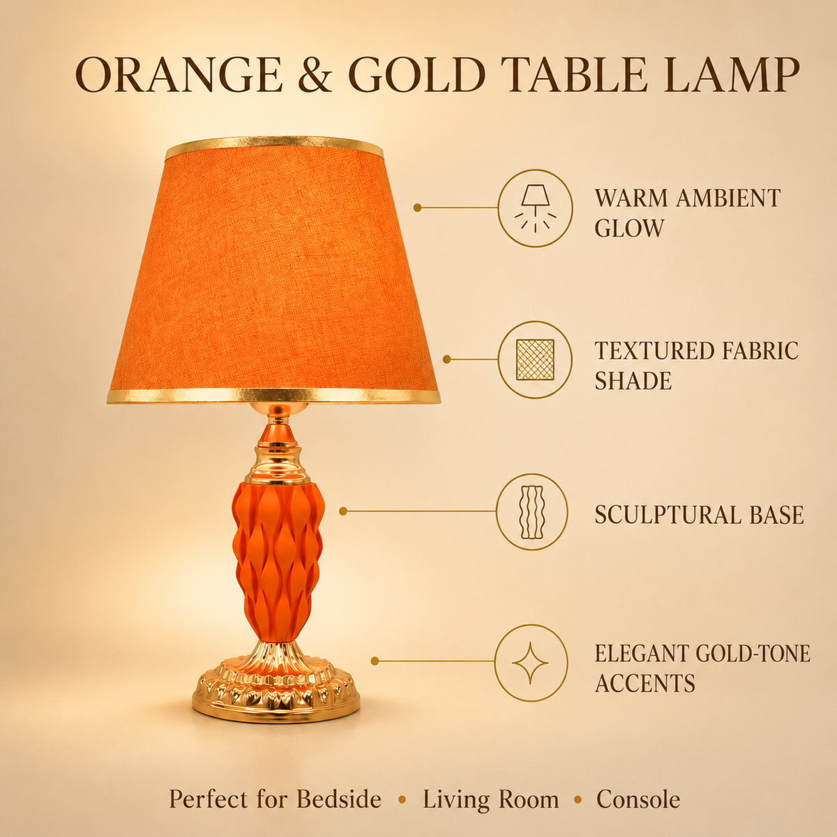 Orange And Gold Decorative Table Lamp With Fabric Shade