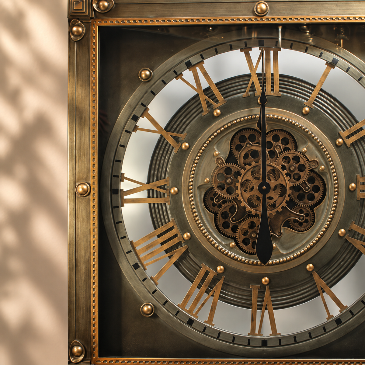 Square silver gold metal moving gears wall clock home décor 90cm
