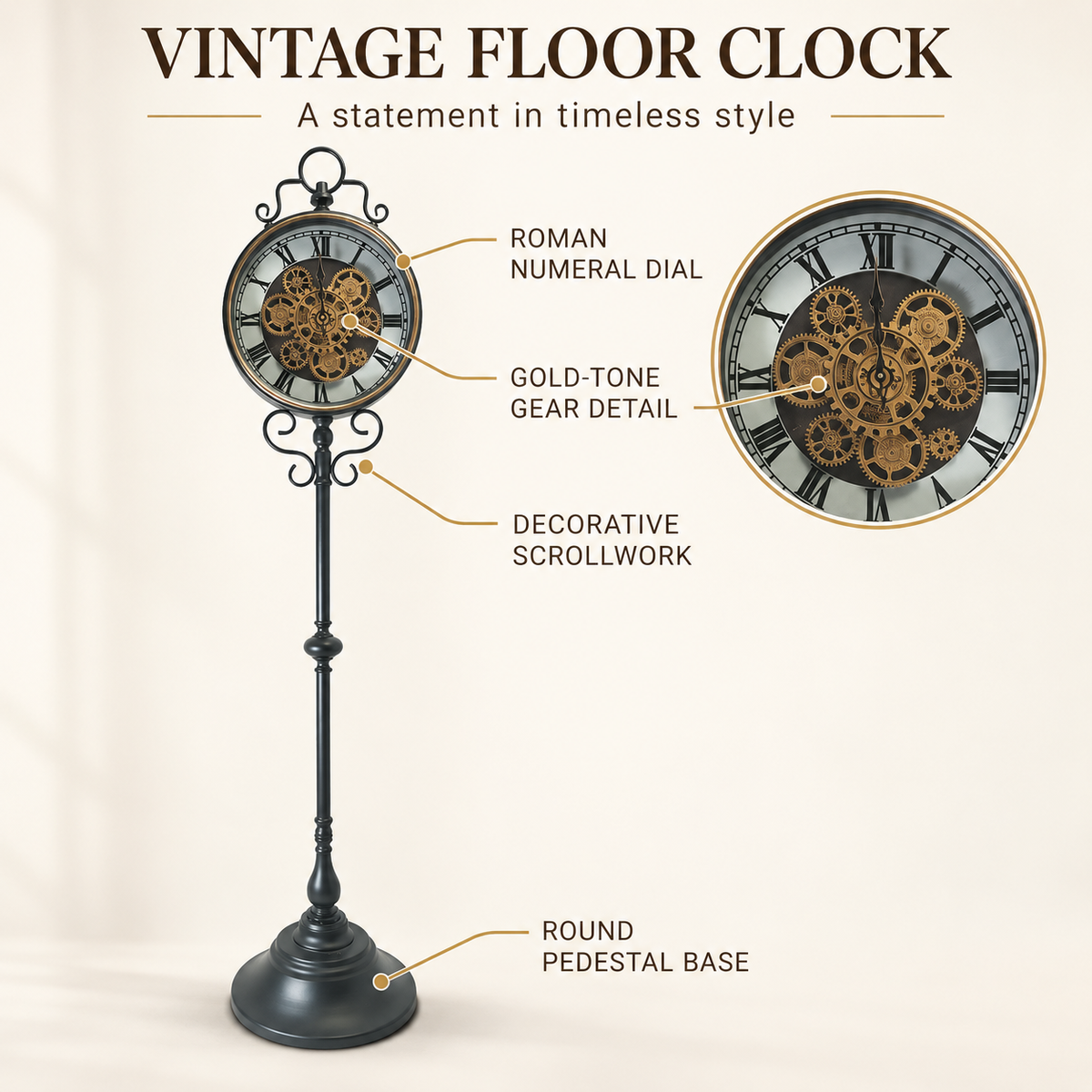 Vintage Metal Gear Floor Clock