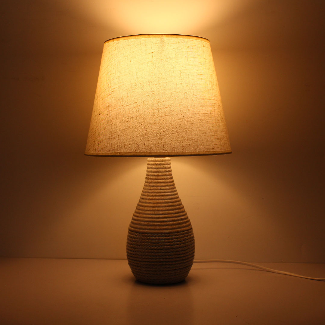 Grey Ceramic Table Lamp with Cream Color Shade and Rope-Textured Base