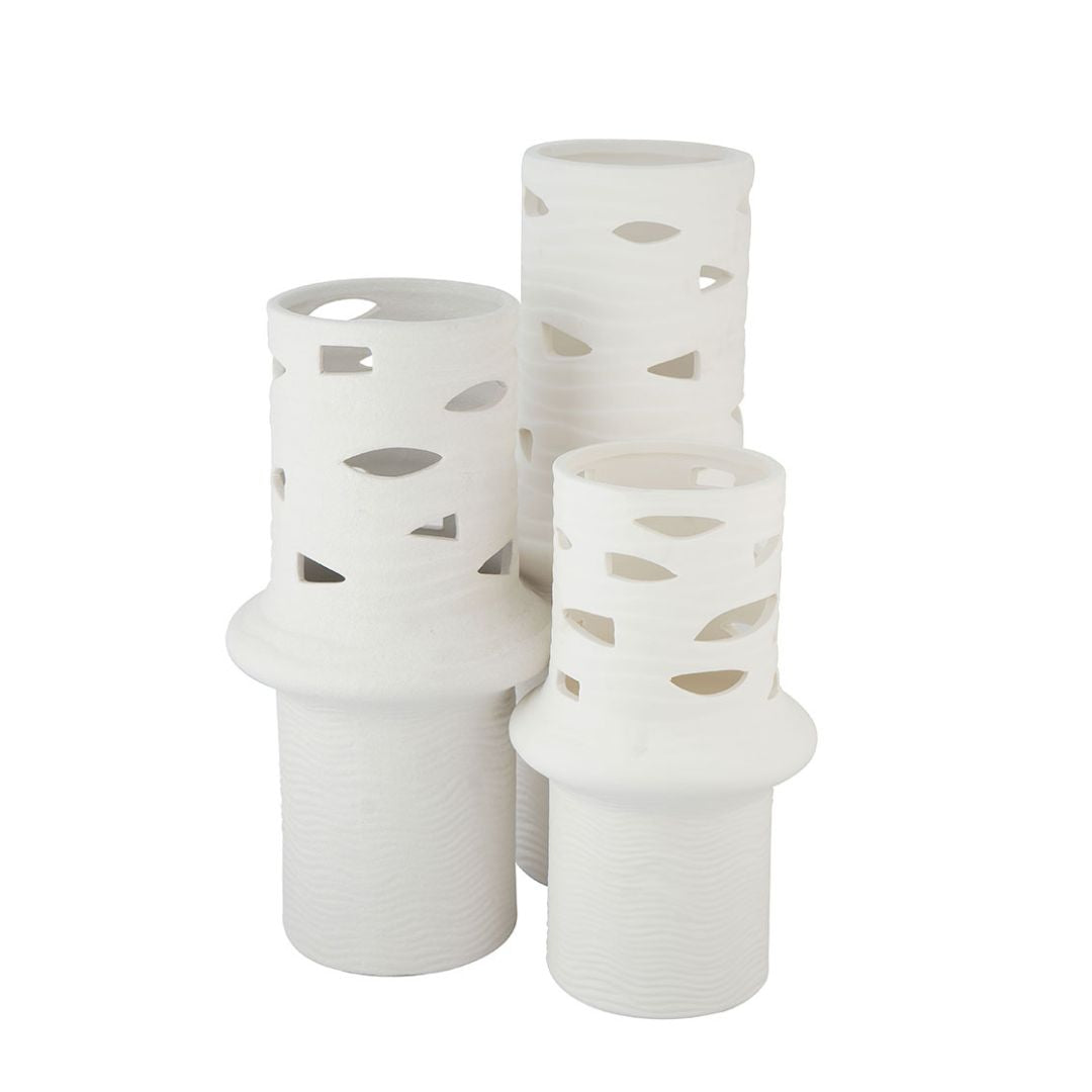 Sculptural Cutwork White Ceramic Flower Vases Set