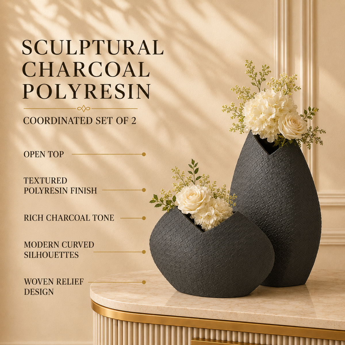 Sculptural Charcoal Polyresin Vases with Woven Texture