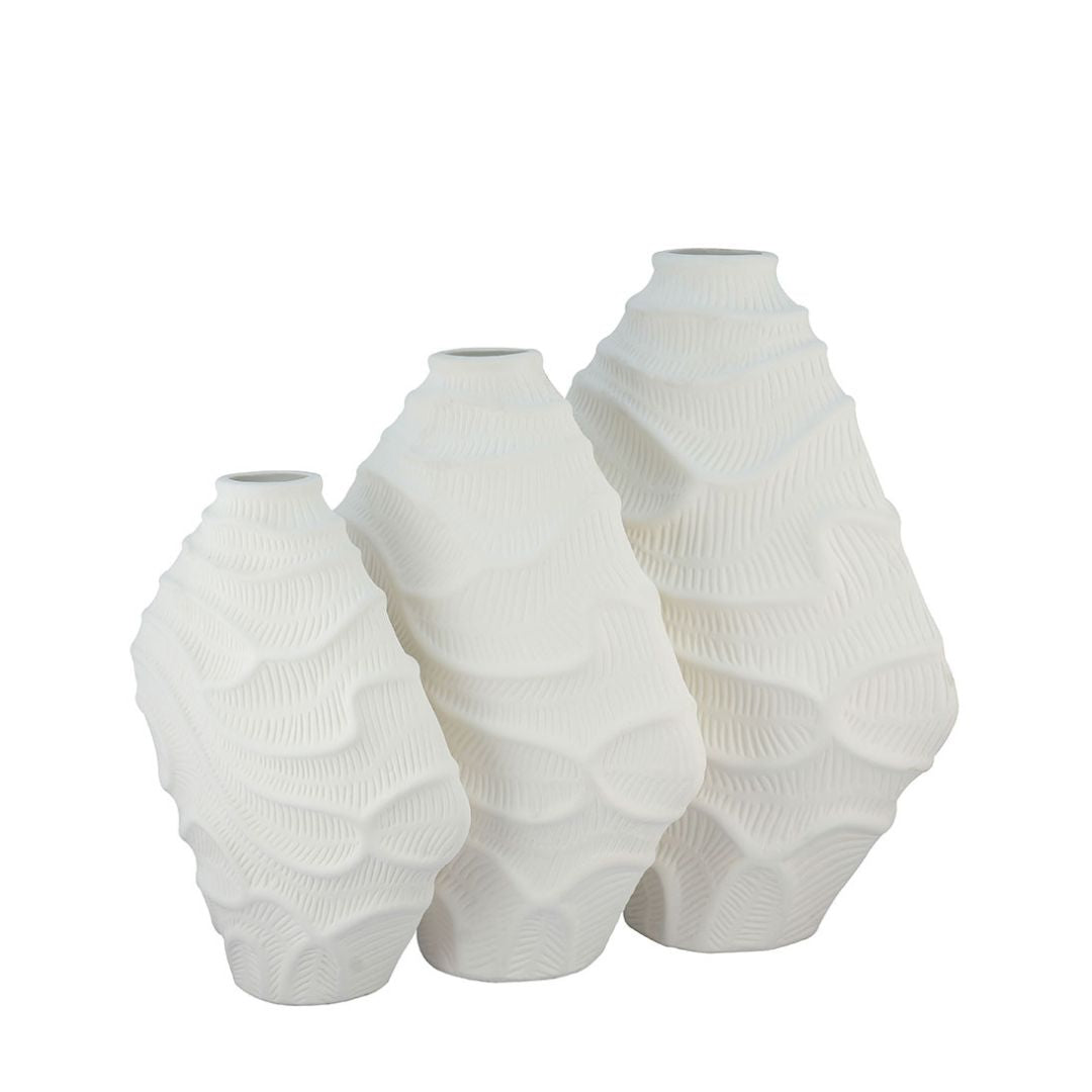 Sculpted Organic Matte White Ceramic Flower Vase Set of 3