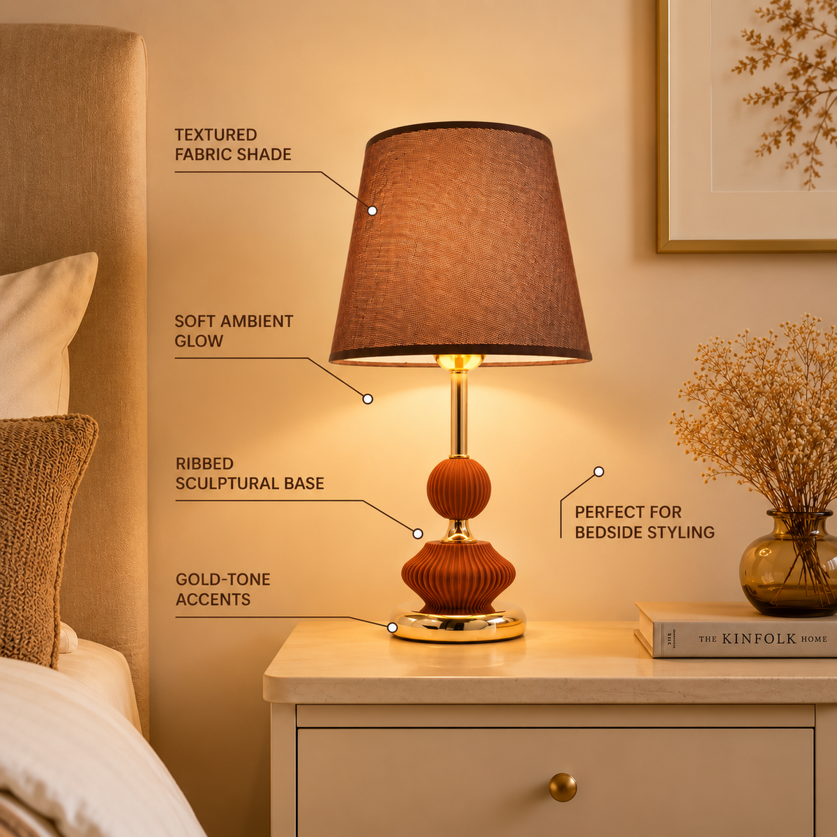 Brown And Gold Decorative Table Lamp With Fabric Shade